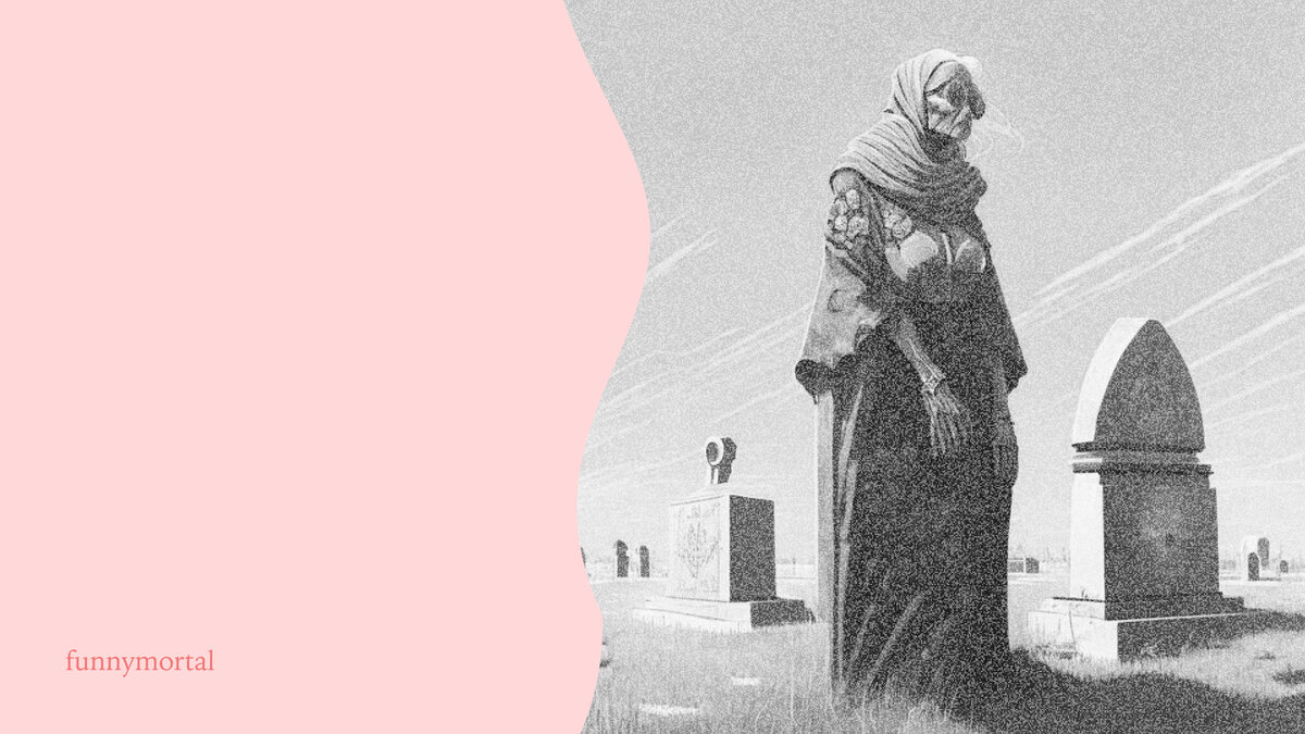 Изображение сгенерировано нейросетью editor.fusionbrain.ai по запросу «бабушка-киборг в русском платке стоит в полный рост у могильной плиты на кладбище, светит солнце, а вокруг зелёная трава»