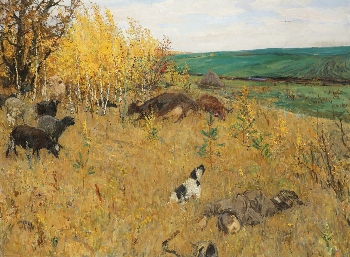А.А. Пластов "Фашист пролетел". Холст, масло. 138х185 см. 1942 г.
