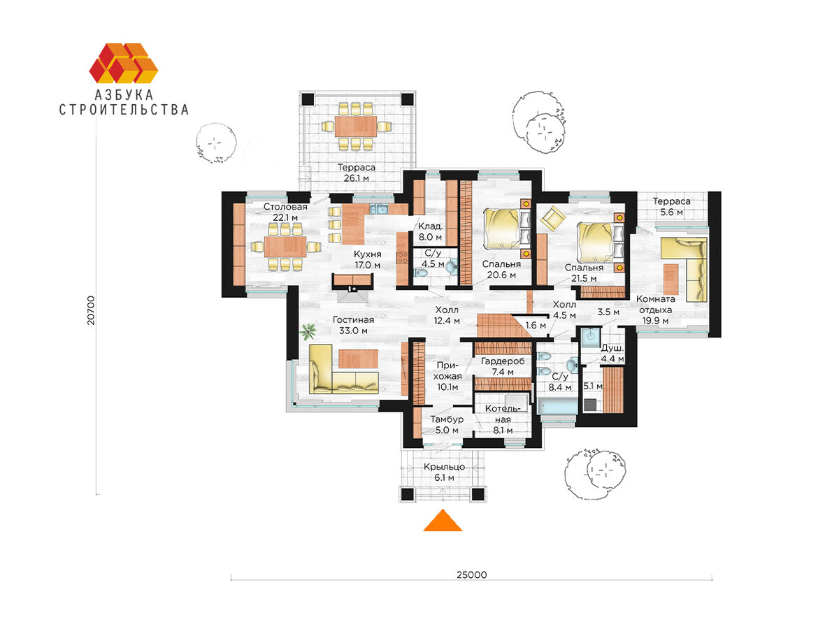 Дом в стиле шале в посёлке Ленинский. План 1-го этажа