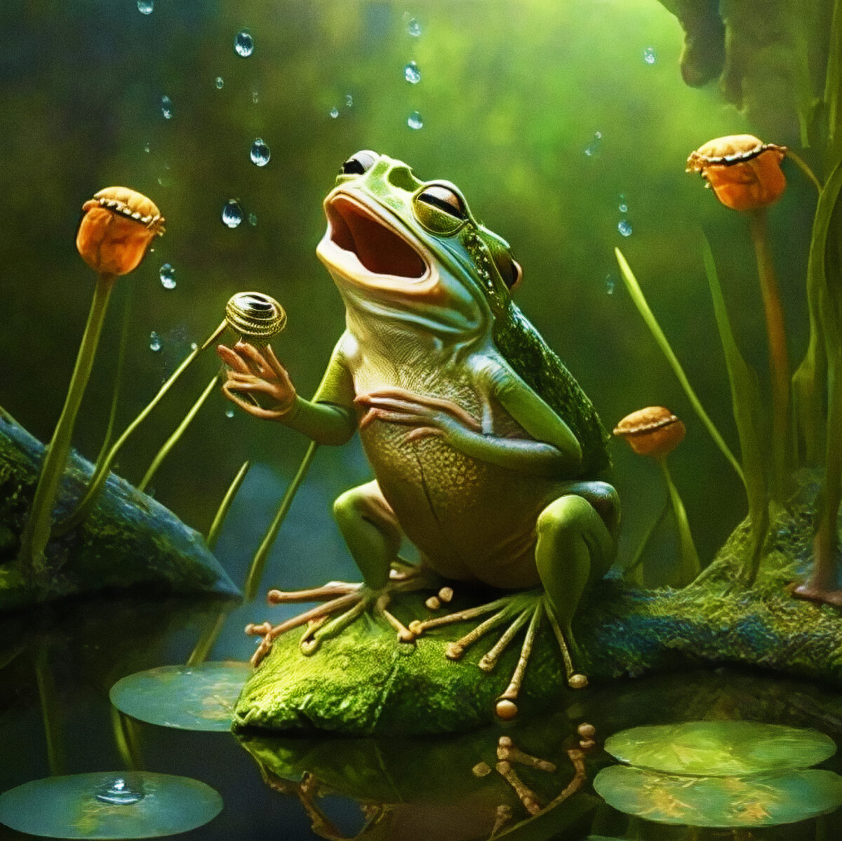 Исполни лягушку. Поющая жаба. Романтичная жаба. Романтичная лягушка. Рисунки нейросетей лягушки.