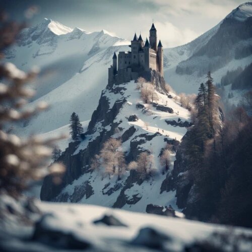 a snowy mountain landscape with a hidden castle / style: Cinematic