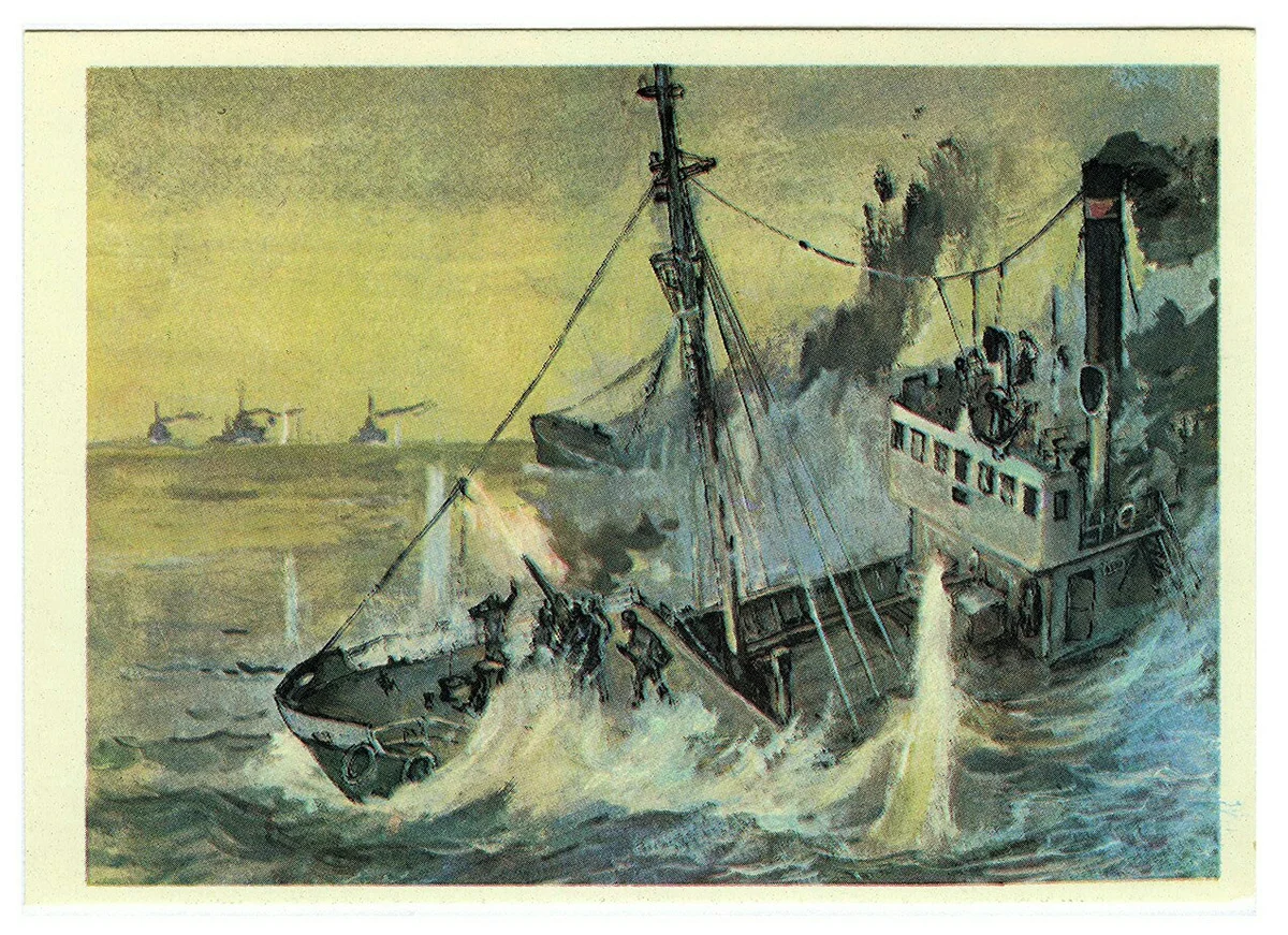 1941, 13 июля - Героический бой сторожевого корабля Северного флота «Пассат» с тремя вражескими эсминцами. («Бой СКР-22 «Пассат»». Худ. П.П. Павлинов).