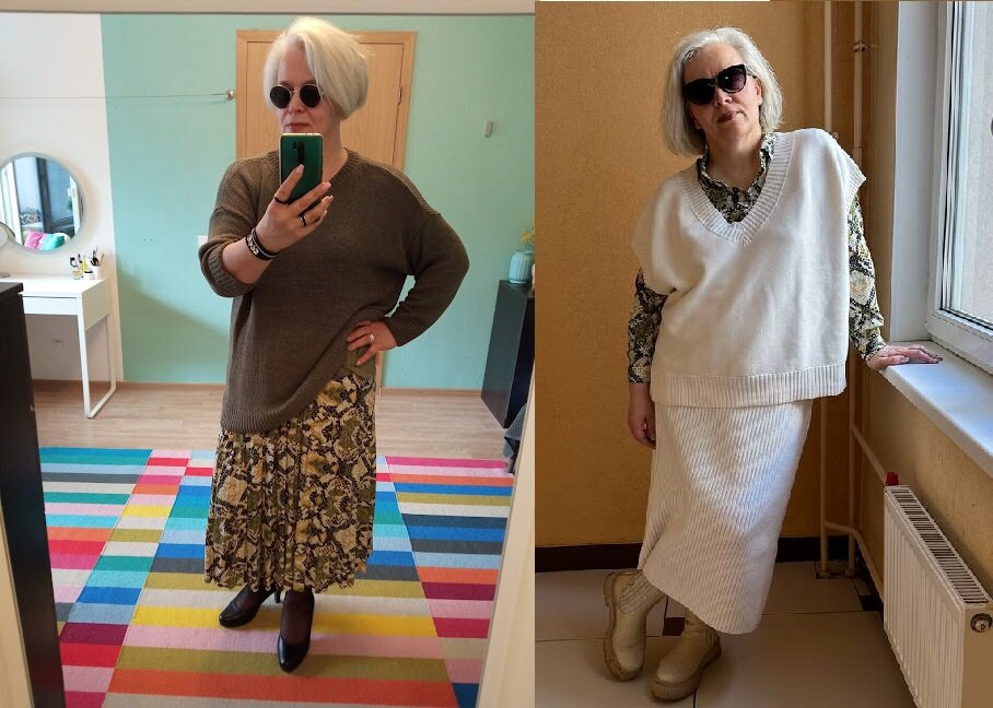 Юбка с пуловером, блузка с трикотажной юбкой и жилеткой.