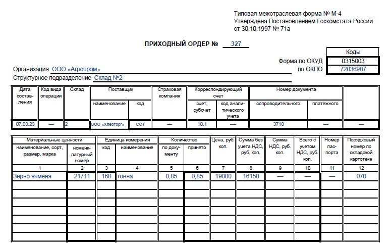 Форма давальческих материалов