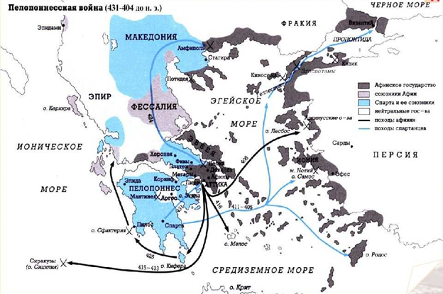 Нижняя стрелка демонстрирует ставшую губительной экспедицию Афин по завоеванию Сиракуз. Вместо контроля над акваторией Ионического моря бездарное поражение и утрата статуса морской державы.