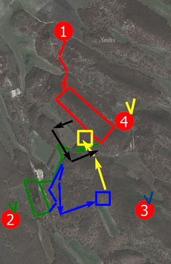 1- фаза "171", 2 - фаза поиска на ЛЭП, 3- фаза 1 обороны, 4 - фаза финальной обороны. 5- черными стрелками обозначен маневр в тыл атакующей группе. 