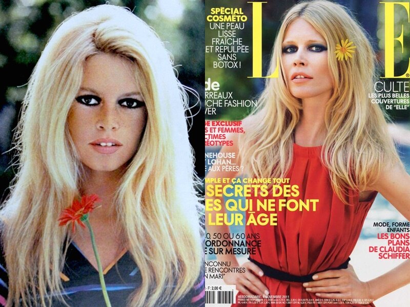 Брижит Бардо в 60-е и Клаудия Шиффер в её образе на обложке Elle France