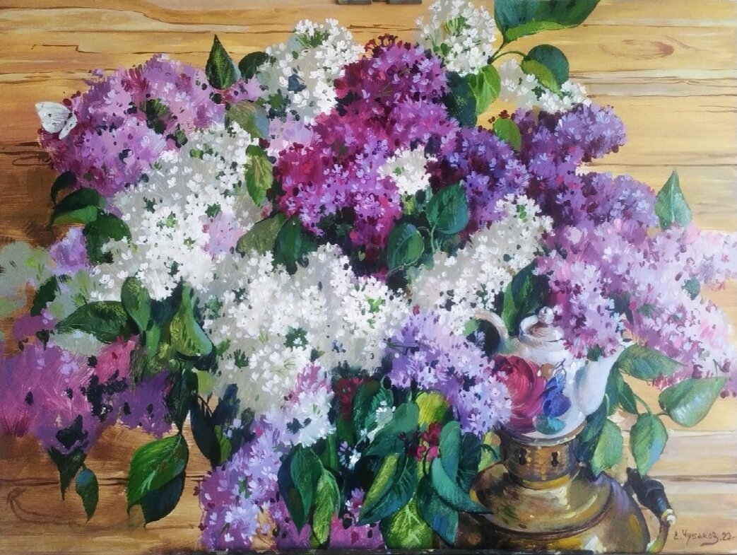 Антон Чубаков. "Сирень с Тульским самоваром", 60х80см, х.м., 2022 г. Изображение работы предоставлено каналу художником. Цену уточняйте у художника 