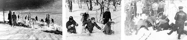 Фото слева - разобранная палатка и поиски на склоне горы. Хорошо видны открытая местность, близость лесной зоны и пологий, не более 15 градусов, совершенно не «лавинный» уклон. Фото в центре – поисковики с «лавинными» зондами, которыми делалось до пяти уколов на квадратный метр. Два месяца изнурительного труда, по пояс в снегу, квадрат за квадратом. Фото справа – момент извлечения из ручья тел последней четверки. Кружком отмечен руководитель поисковой операции, преподаватель тактики УПИ полковник Ортюков. О крайней справа фигуре отмечено в тексте.