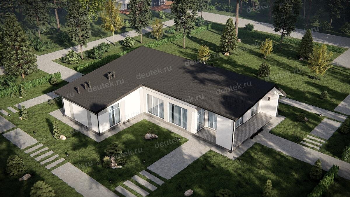 Проект одноэтажного дома 212 м2 с кабинетом, сауной, тренажерным залом и террасой - DTE-178