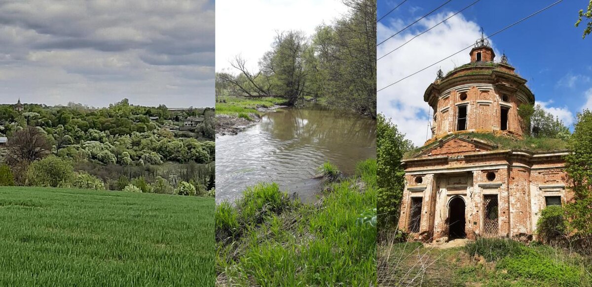 1. Село Горки (бывшее - Заразы) на речке Апрани, в селе ещё живут люди, всего несколько дворов. 
2. Речка Апрань (Опрань).

3. Храм Архангела Михаила в селе Горки (в теперешнем состоянии), построен в 1774 году по проекту В.И. Баженова.
