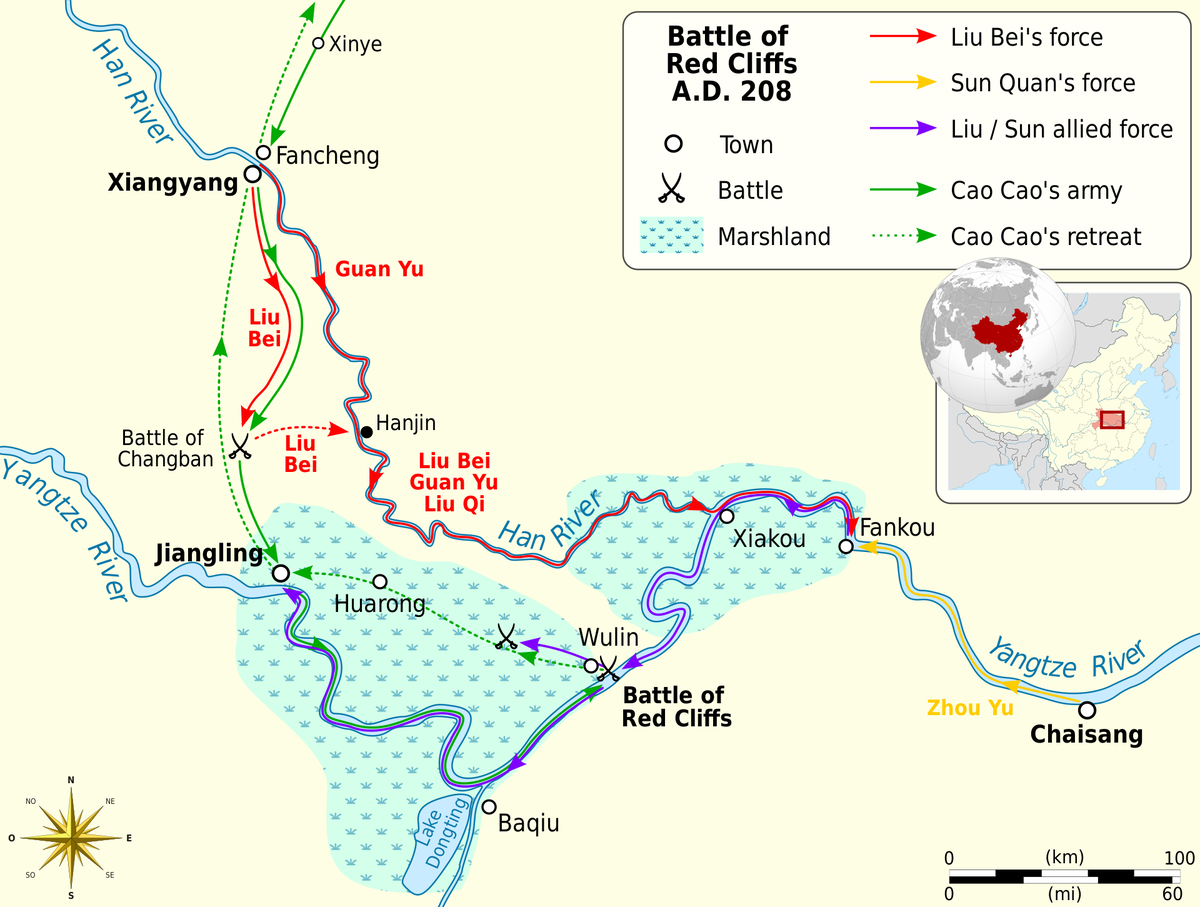 Карта со спойлерами. Зеленая линия - войска Цао Цао. Battle of Red Cliffs - точка, куда они направлялись.