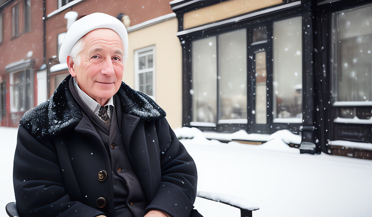 Хитрый пенсионер-инвестор сидит зимой в кресле на улице где-то в Лондоне