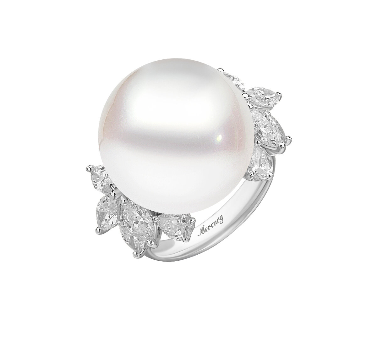 Кольцо Mercury Classic из белого золота с бриллиантами и жемчугом