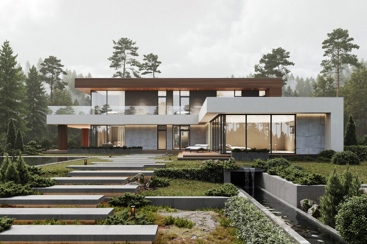 На фото проект загородного дома с плоской крышей от компании ilrusstroy.ru