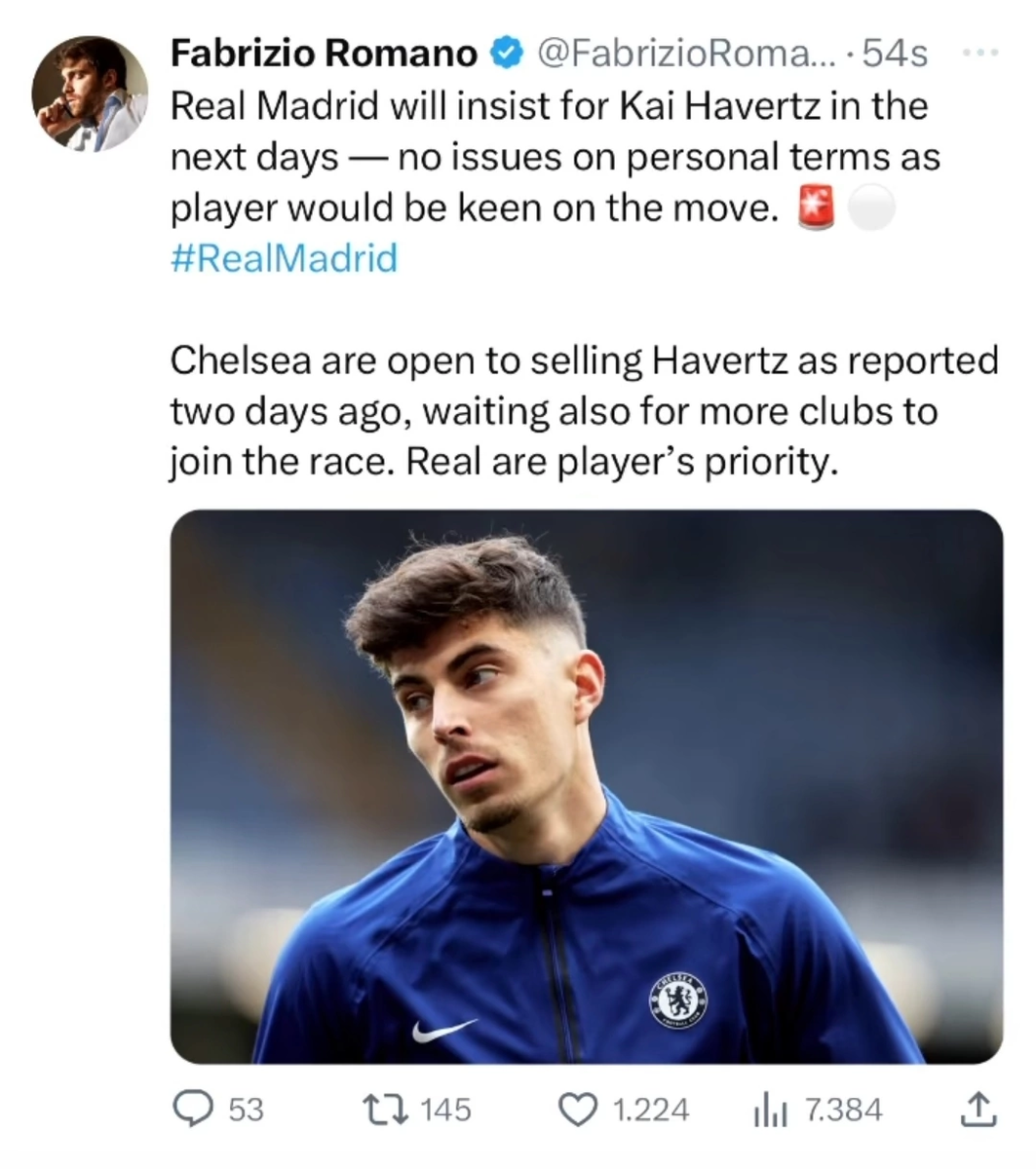 Один очень авторитетный источник, а именно спортивный журналист Фабрисио Романо, сообщает, что нападающий сборной Германии и «Челси» Каи Хаверц может вскоре присоединиться к «Мадриду»