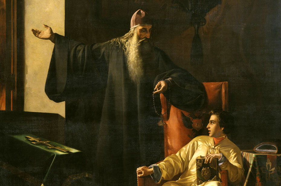 Поп Сильвестр и молодой Иван Грозный. Художник: Павел Плешанов, 1856.