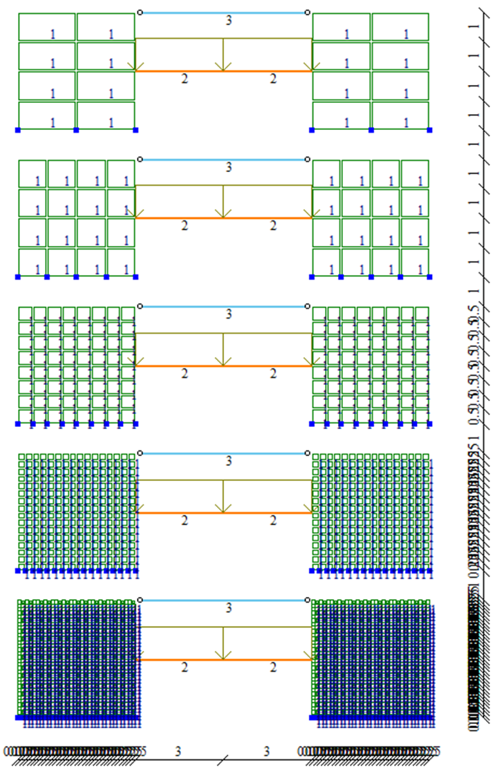 Общий вид расчётной модели с разным шагом триангуляции