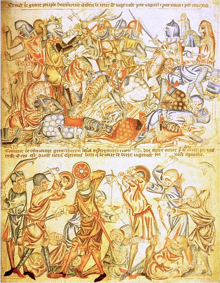Битва при Бэннокбёрне. Миниатюра из Холкхемской библии, 1327—1335 годы (источник: https://ru.wikipedia.org/wiki/%D0%91%D0%B8%D1%82%D0%B2%D0%B0_%D0%BF%D1%80%D0%B8_%D0%91%D1%8D%D0%BD%D0%BD%D0%BE%D0%BA%D0%B1%D1%91%D1%80%D0%BD%D0%B5)