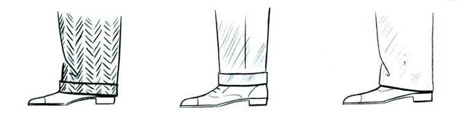 Рисунок из книги «Dressing The Man» Алана Флассера. Слева – брюки с отворотами, лежащие на ботинке с небольшим напуском; справа – брюки без отворотов, которые должны быть сзади длиннее, чем спереди; по середине – «среднеатлантическое решение».