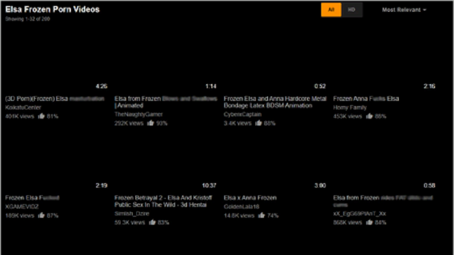 Скриншот страницы на сайте Pornhub, посвященной детскому мультфильму «Холодное сердце» (изображения скрыты). Среди заголовков: «3D порно Холодное сердце Эльза», «Холодное сердце Эльза и Анна жесткое связывание металл латекс БДСМ», «Холодное сердце Предательство 2 Эльза и Кристоф публичный секс на природе 3D хентай».