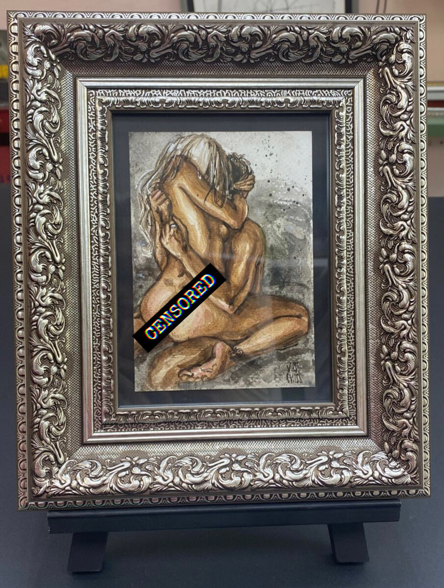 Пример стандартного оформления: рисунок акварельными красками. Материалы: пластиковый багет, художественное стекло, паспарту без выреза.