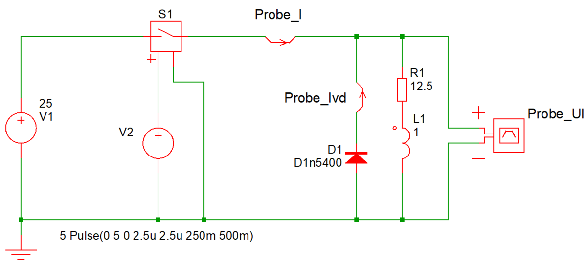 Модель цепи, классический вариант с использованием диода для устранения перенапряжения при размыкании ключа. Иллюстрация моя