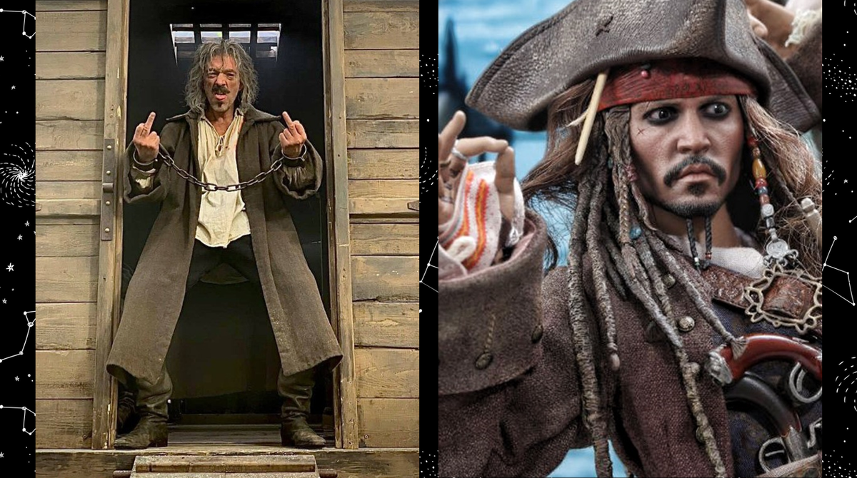 Слева Венсан Кассель в новом фильме "Три мушкетёра", справа герой фильма "Пираты Карибского моря" Джек Воробей (Джонни Депп) 
Только почувствуйте эту одинаковую энергию!