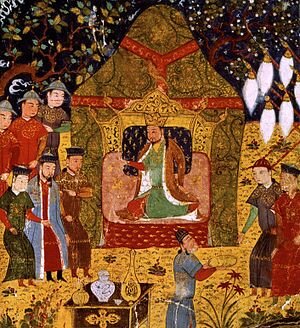 Тэмуджин провозглашается великим ханом на всемонгольском курултае и становится Чингисханом. Миниатюра из «Джами ат-таварих», Рашид ад-Дин, XIV век 