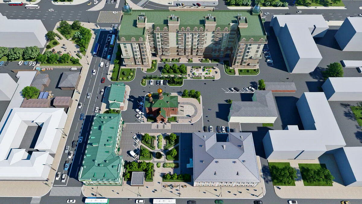     Так выглядит эскиз бывшего больничного квартала с высоты со стороны проспекта Мира