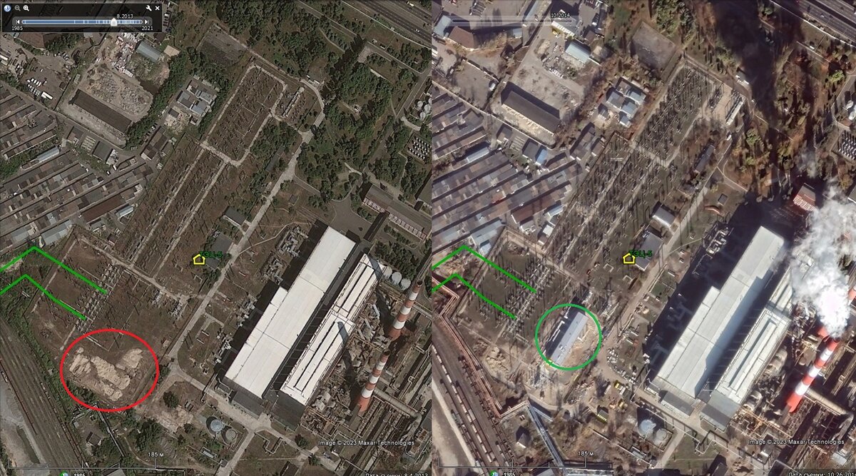 Киевская ТЭЦ-5 (август 2013 и октябрь 2014). На первом снимке видно начало работ (песок на ОРУ 330 кВ, красный овал слева внизу), на втором – КРУЭ смонтировано, идёт процесс достройки внешних присоединений (зелёный кружок). Отнюдь не все в Киеве скакали на Майдане