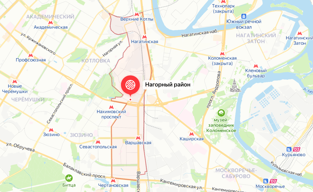 Нагорный район на карте современной Москвы. Яндекс.Карты. Кстати, название "Нагорный" появилось благодаря холмистому рельефу местности.
