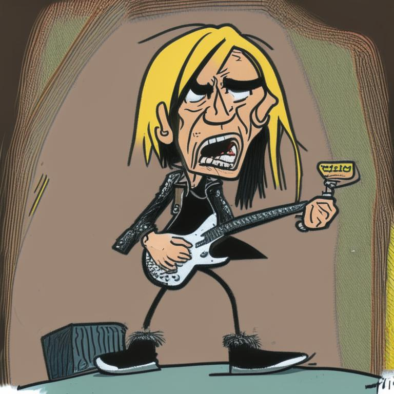 На карикатуре изображен Игги Поп на сцене, держащий в руках свою гитару. Его образ яркий и эксцентричный, как всегда - он одет в кожаную куртку с высоким воротником, черные брюки и ботинки. Карикатура передает энергию и страсть Игги Попа на сцене, его неукротимую натуру и безудержное желание дать все себя публике. Это яркий образ легендарного рок-музыканта, который до сих пор остается вдохновением для многих поколений музыкантов и поклонников рока.