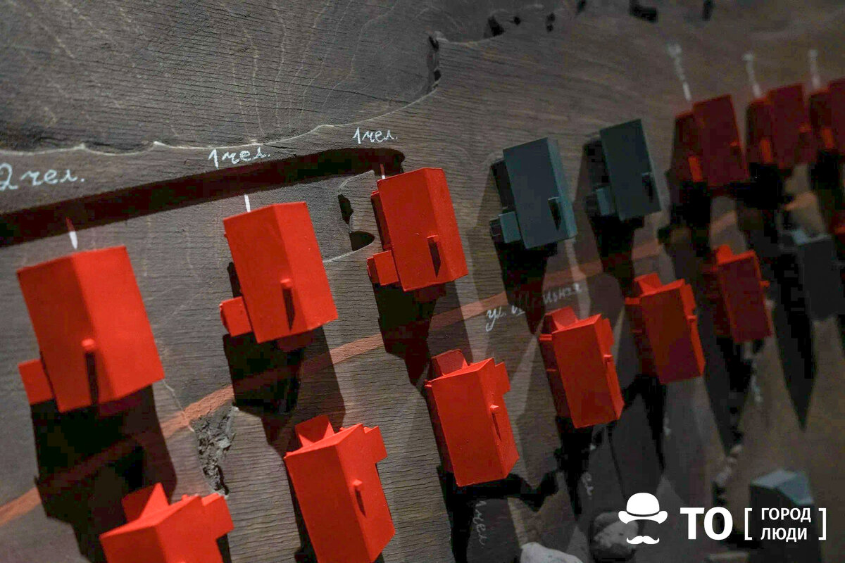 Макет села Белосток. Каждый красный домик – это тот дом, житель которого был арестован. Цифры рядом с домами – это количество репрессированных. Фото: Савелий Петрушев. Источник: "Томский обзор"