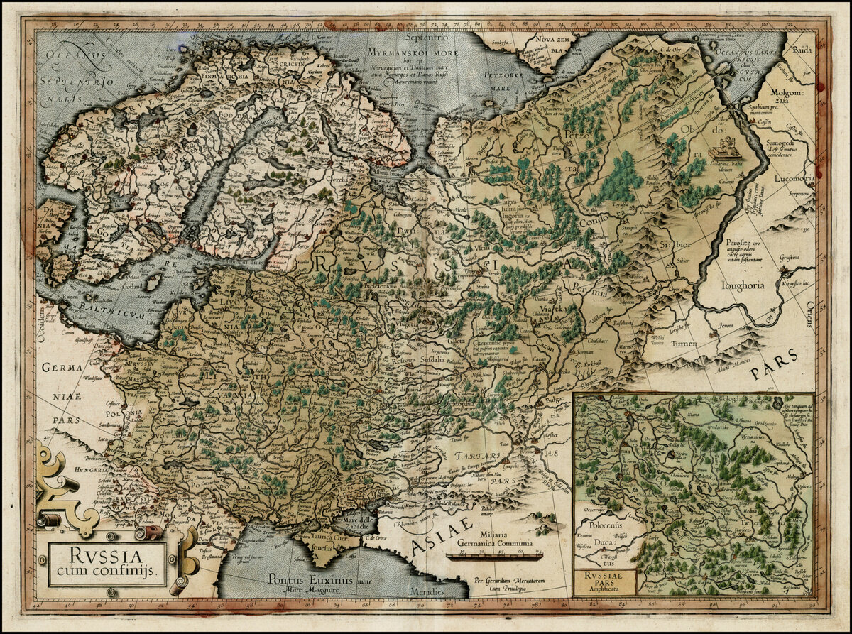 Россия и прилегающие территории на карте Меркатора, 1595 г.