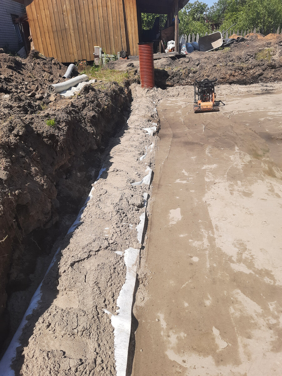 Дренажная труба в "обертке" из геоспана с заполнением щебнем, присыпана песком