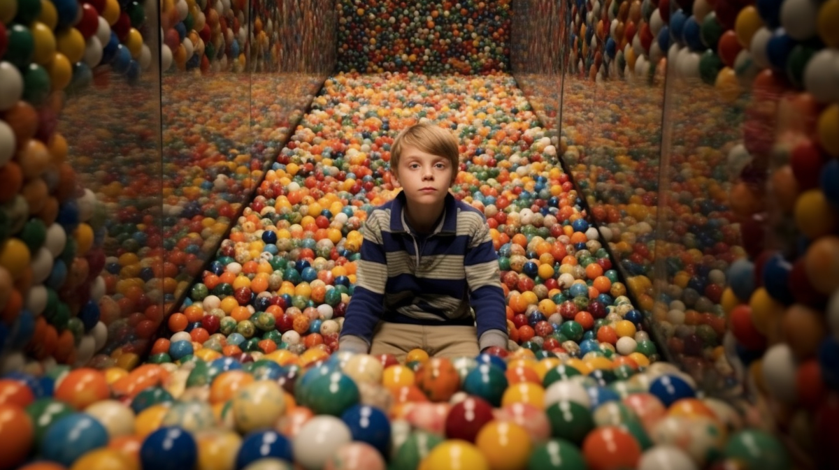 Мальчик, сидящих на полу с гигантской коробкой разноцветных марблов. Он смотрит на марблы с интересом и любопытством, пытаясь понять, какие цвета встречаются чаще, а какие реже.