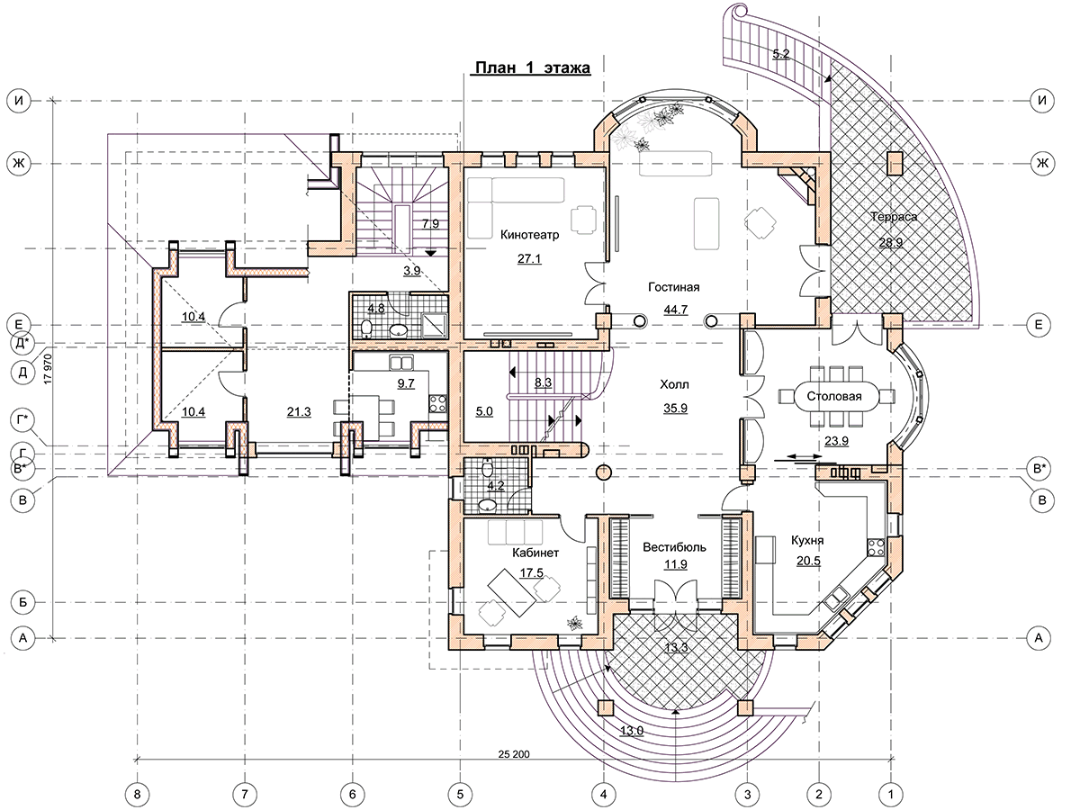 Проект двухэтажного дома 786 м2 в стиле барокко с цокольным этажом, сауной и двухместным гаражом - PA-14