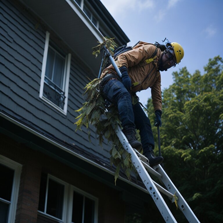 Bob пытается убрать листы с крыши, стоя на высокой лесенке. Кажется, что лесенка скоро упадет.