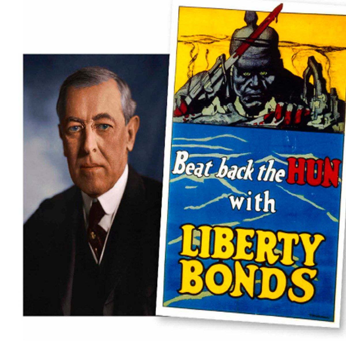 Cлева: бывший сторонник нейтралитета США Вудро Вильсон представил военные цели нации как обеспечение "безопасности демократии". Справа: анти-германская пропаганда подогревала патриотизм во время Первой мировой войны.