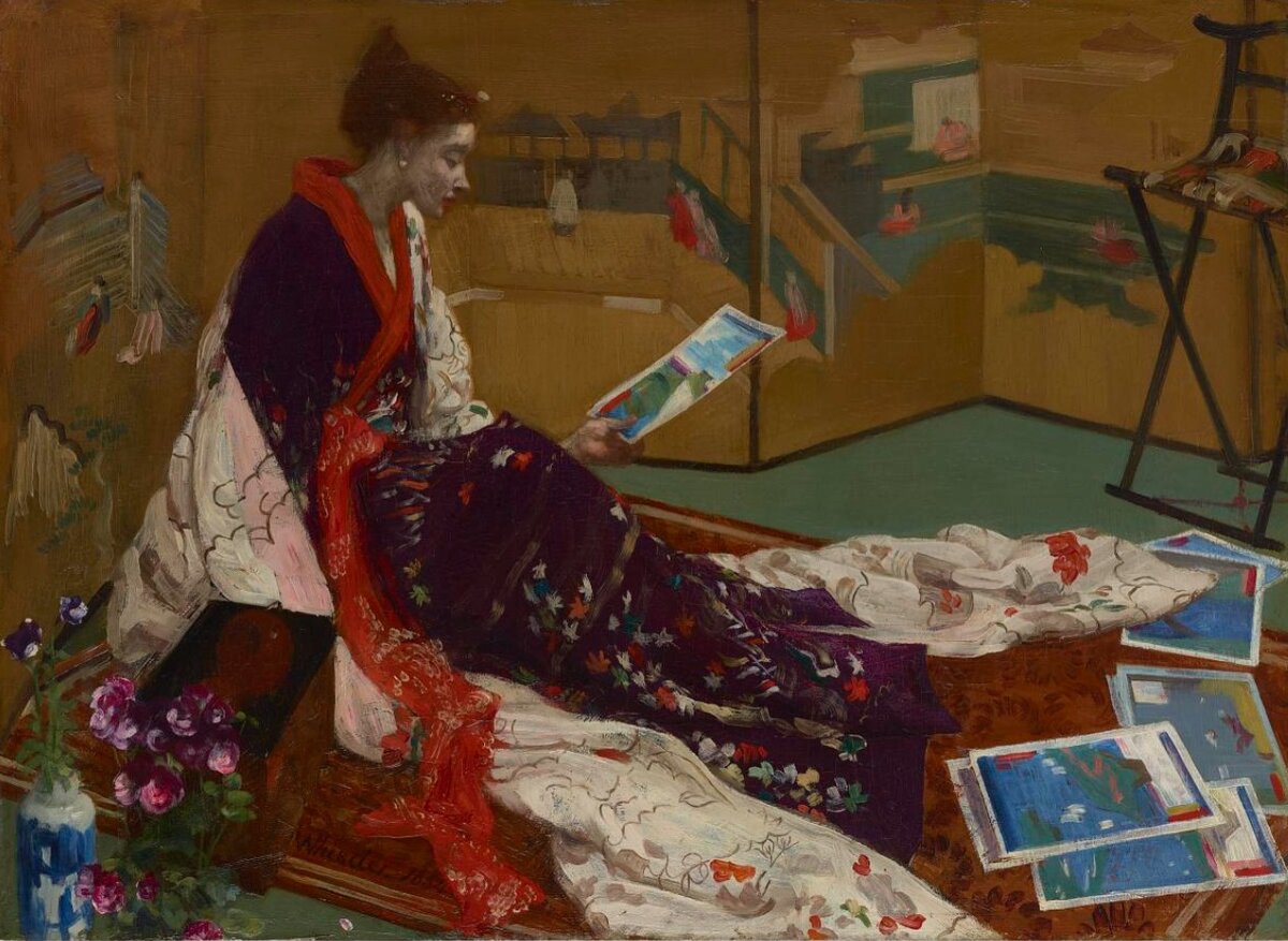 Джеймс Уистлер / James McNeill Whistler (1834-1903) Золотая ширма (Caprice in Purple and Gold: The Golden Screen). 1864. Дерево, масло. 50,1х68,5. Художественная галерея Фрира (Freer Gallery of Art, USA, Washington D. C.)