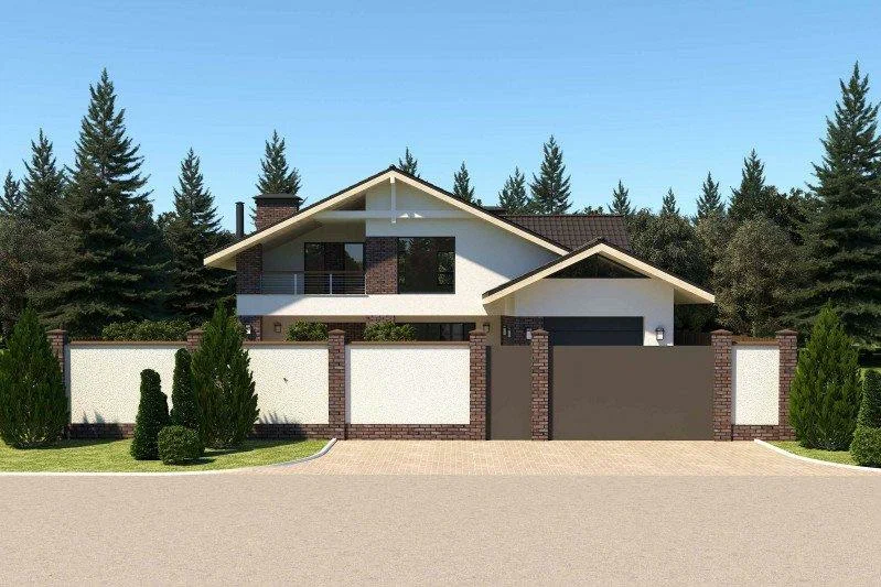 Внешний вид дома. Вид на главный фасад из-за забора. Источник изображения: Дзен-канал "Строим коттеджи со Stone-wood-house"