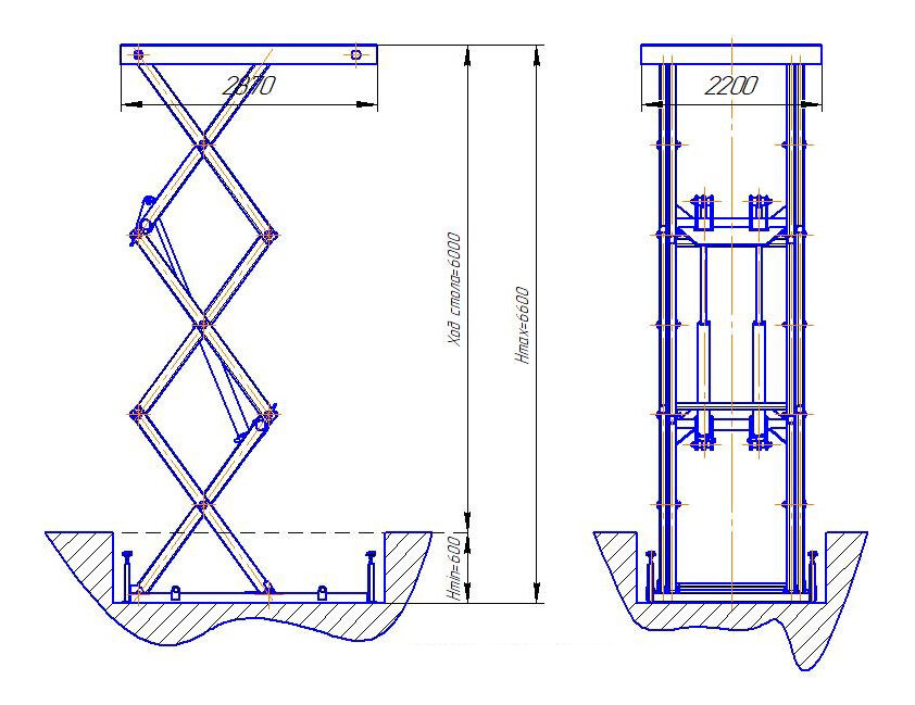 Чертеж подъемного стола RTT1000 с высотой подъема 6 метров