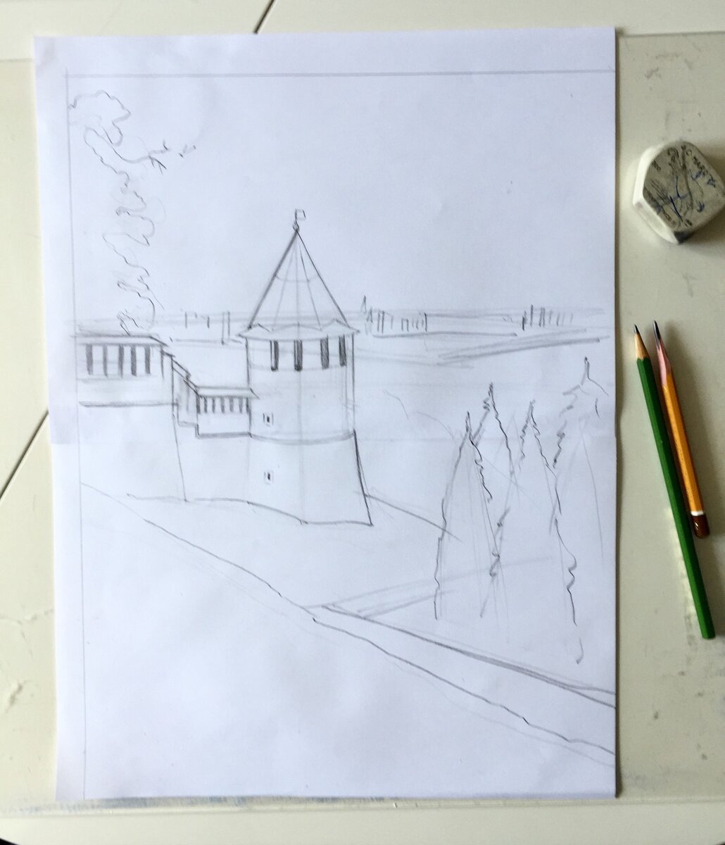 Этот набросок выполнен под формат акварельной бумаги А3, для этого я склеиваю 2 листа обычной писчей бумаги