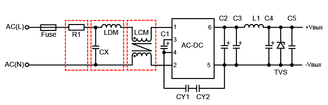 Рис. 2. Схема ИП на основе модуля серии LS мощностью 15 Вт для эксплуатации в бытовых устройствах