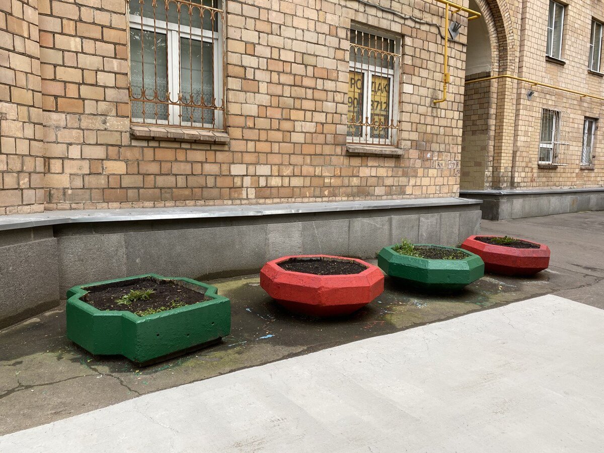 Управляющая компания красила вазоны в ужасные цветы ужасной краской, я очистила их и покрасила в цвет деталей фасада дома. Более гармонично теперь выглядят.