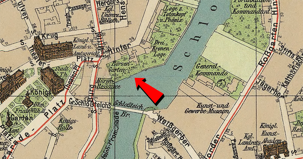 Расположение Биржевого сада на карте Кёнигсберга 