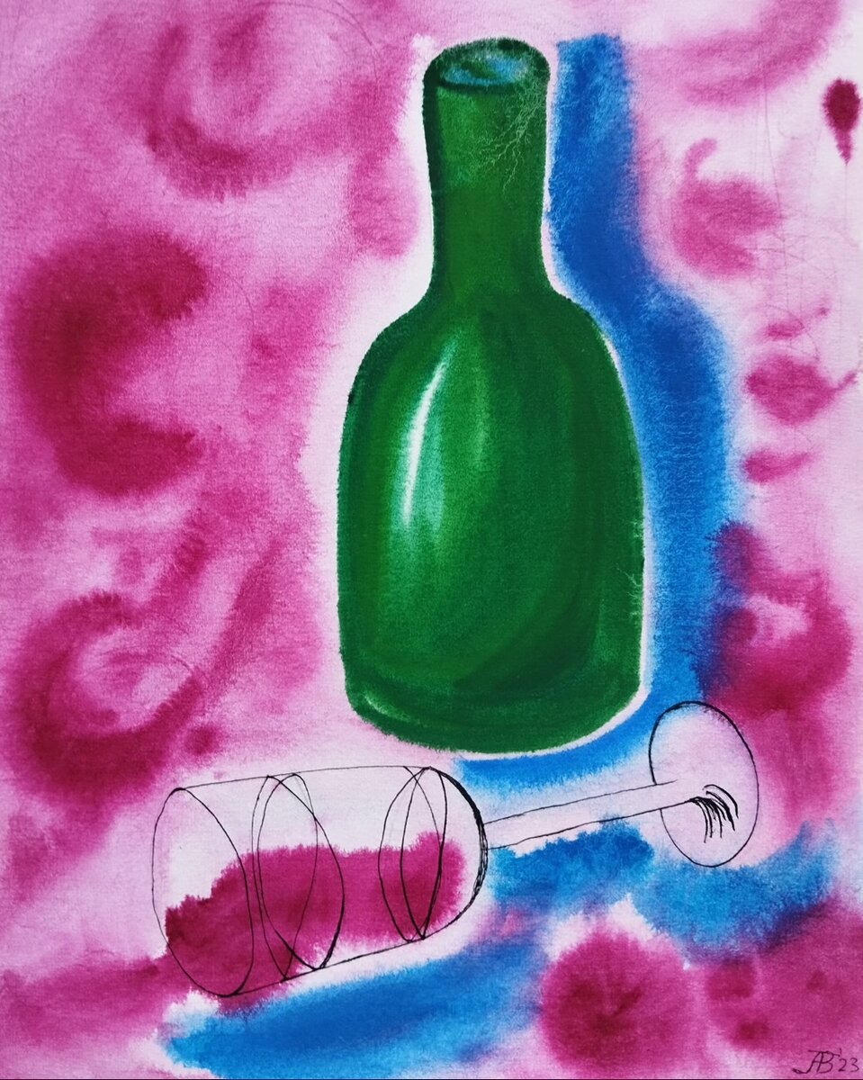 "Натюрморт с вином" Баканова Анна. Бумага, акварельная тушь, тушь, А3, 2023г.