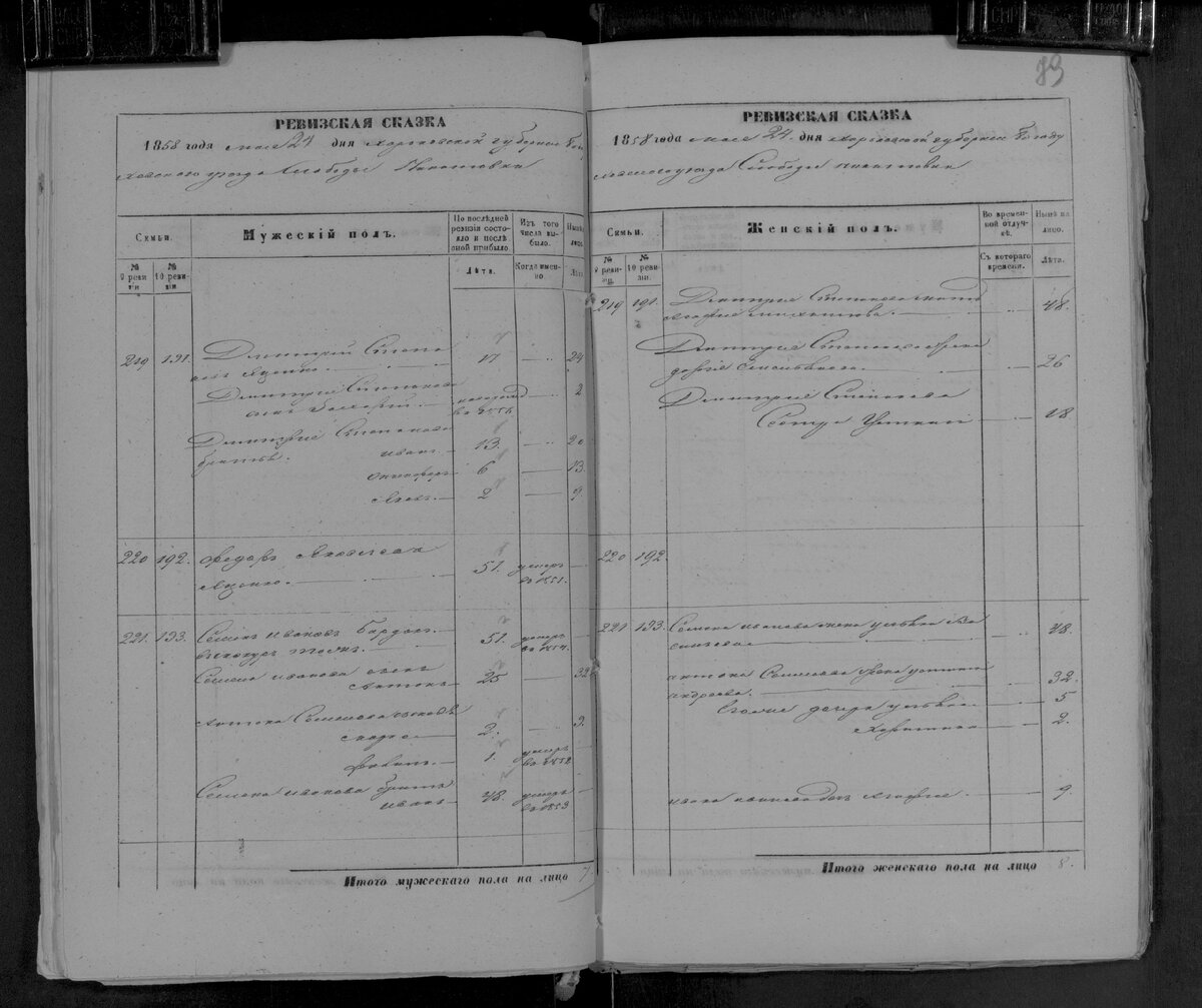 Разворот ревизской сказки слободы Никитовки Богодуховского уезда, 1858 г. (ГАХО)
