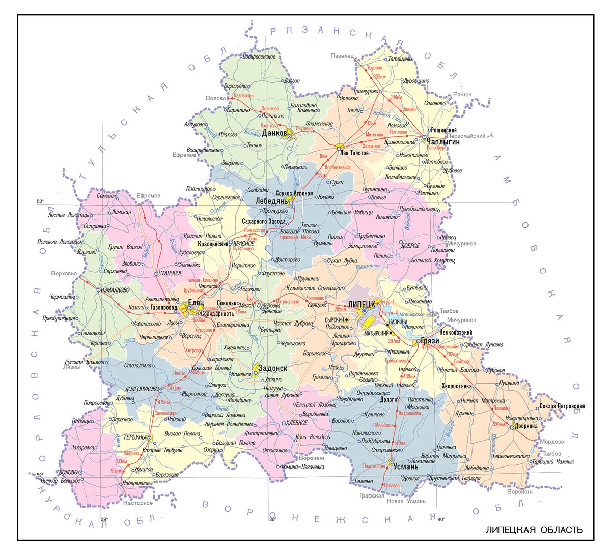 Липецкая обл районы. Карта Липецкой области с районами. Карта Липецкой области с селами. Карта Липецк Липецкая область. Карта Липецкой области по районам подробная.